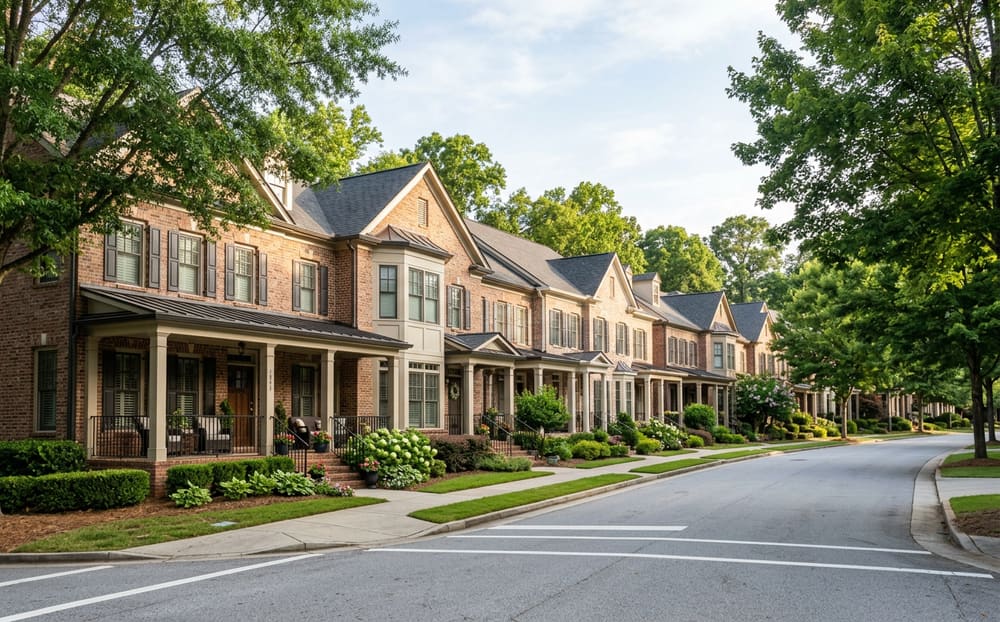 Generated image of brick townhomes on a tree-lined street