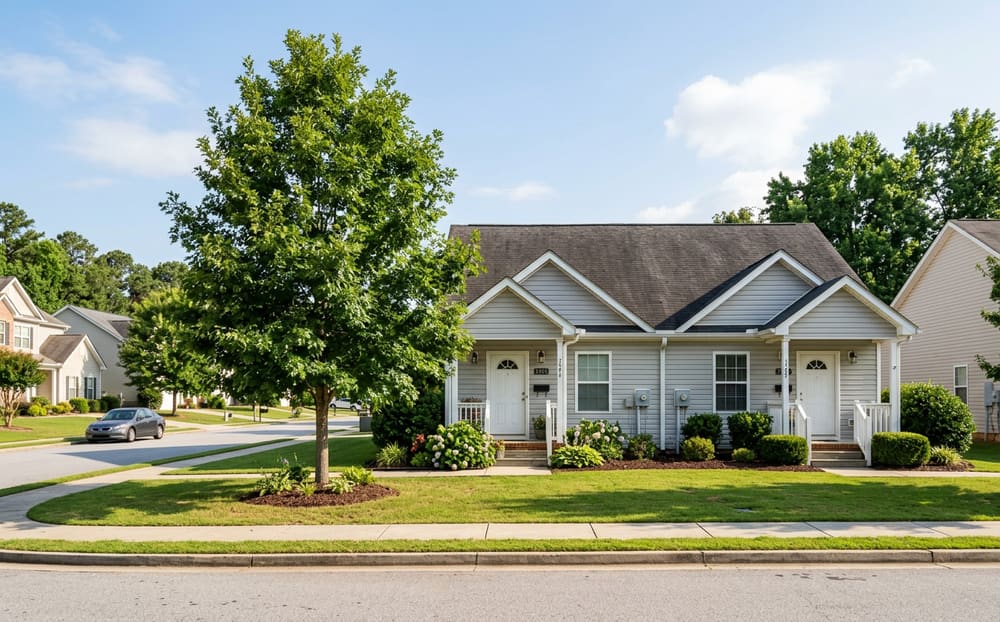 Generated image of a two-unit duplex on a quiet street