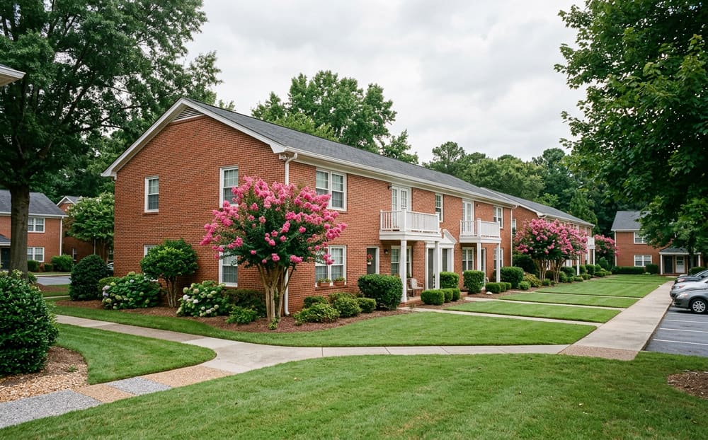 Generated image of a red brick garden apartment building in Georgia